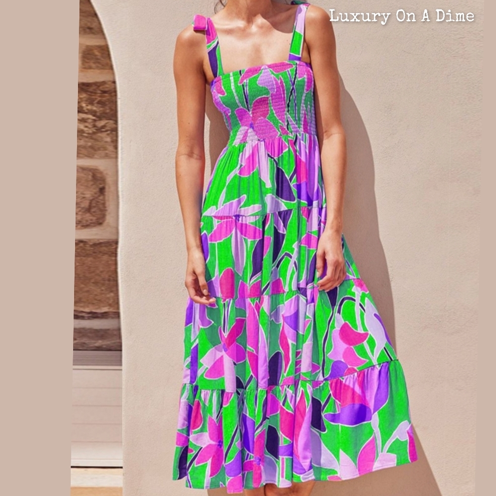 Bright Neon Floral Abstract Tie Shoulder Smocked Bodice Tiered Midi Summer Dress